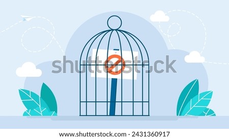 Banner in a bird cage. Concept of prohibition, ban, restriction of freedom of speech, protest, discrimination. Protesting and asserting rights. Arrest, punishment concept. Vector illustration
