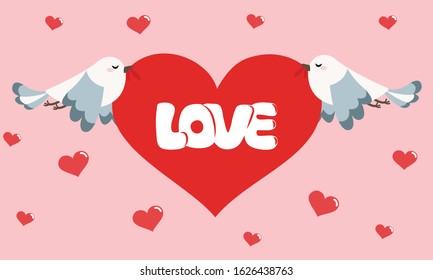 Banner birds carrying heart with love for valentine's day concept.