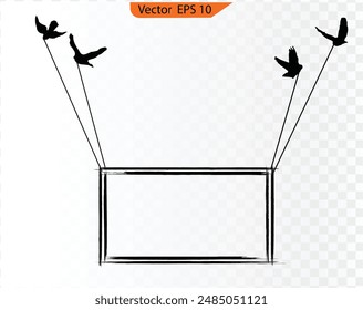 Banner with the birds in the sky. Transparent background. Silhouette of flying birds. Black vector flying birds flock silhouette.