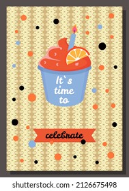 Banner for Birthday postcard. Flyer for holiday with decor and different fonts. Template of birthday greeting card with inscription vector illustration. Ribbon text, cupcake and decorations on postal