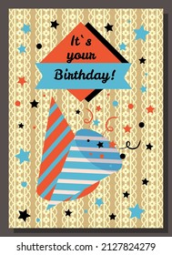 Banner for Birthday postcard. Holiday flyer with decor and congratulations. Template of birthday greeting card with inscription vector illustration. Ribbon text and decoration on postal paper
