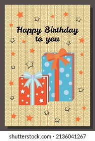 Banner for Birthday postcard. Holiday flyer with colorful presents and congratulations. Template of birthday greeting card with inscription and decoration. Ribbon text and decoration on postal paper