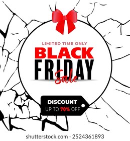 Banner for the Black Friday event. Cracked background, original Black Friday sign in a circle. There is a red bow on top. Suitable for social networks