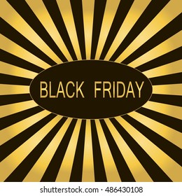 Banner Black Friday. Gold rays and letters on black background, vector illustration