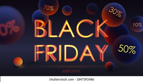 Banner for Black Friday with luminous letters and percent. Realistic blue and orange balls, blured and luminescent on dark background. Vector illustration for sale, advertising and special discounts.