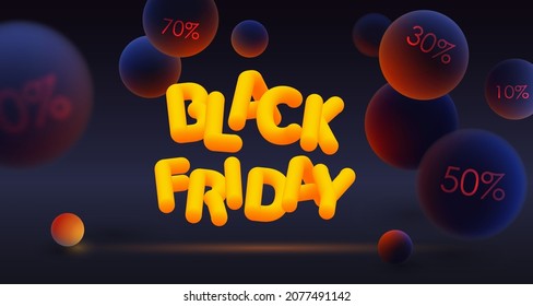 Banner for Black Friday with luminous letters and percent. Realistic blue and orange balls, blured and luminescent on dark background. Vector illustration for sale, advertising and special discounts.