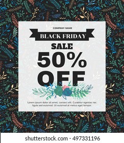Banner Black Friday made of different floral elements in boho style. Poster with a sellout for shop, beauty salon, spa.
