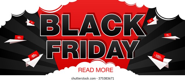 Banner for Black Friday with paper airplane. 
