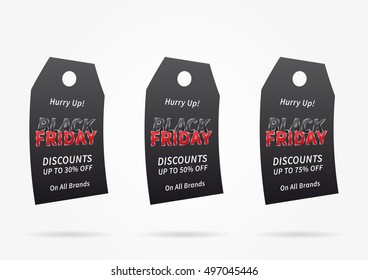 Banner Black Friday price tags vector illustration. Discounts 30, 50, 75 percent creative concept.
