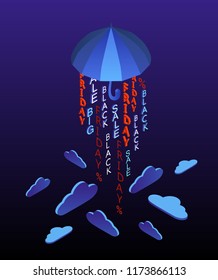Banner for Black Friday. Rain discounts. Umbrella with clouds on a dark background. Isometric 3d
