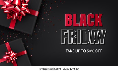 banner for black friday sale. Dark background with a gift wrapped in black paper and a red shiny bow. Vector illustration. Flyer or coupon concept. flat lay