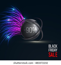 Banner for Black Friday sale. Futuristic glowing colorful strings. Vector technology background