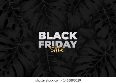 Banner black friday sale with black monstera deliciosa leaves.