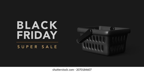 Banner for black friday sale. Realistic black shopping cart on dark background. Vector illustration