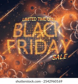 Banner Black Friday Sale. Yellow banner with text and bright LED background. Bright abstract web banner for sale and advertising design. Vector