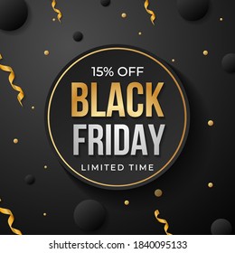 banner black friday social media promotion gold and black background ribbon limited time 15 off
