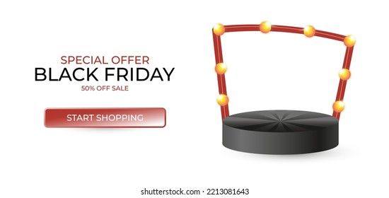 Banner for black friday. Vector illustration with podium and screen. Realistic 3d podium for product presentation. advertising poster.