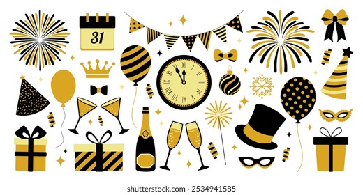 A banner with a black and gold background and a black and gold clock. There are many different shapes and sizes of balloons, some of which are in the foreground and others in the background