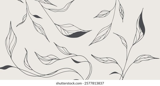 Banner with black hand drawn branches and leaves. Luxury vector botanical background	