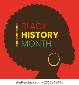 Banner for black history month with black girl and text on red background. Vector illustration. Flat design style.