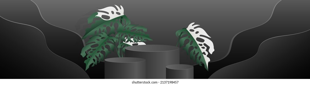 Banner Black Podium with leaf minimal abstract background , 3D stage podium display product , stand to show cosmetic products ,illustration 3d Vector EPS 10