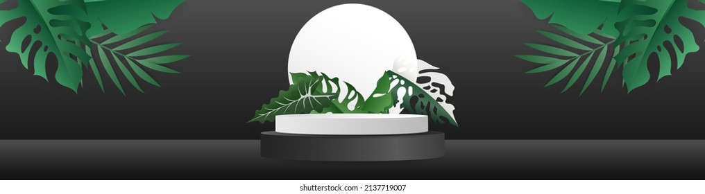 Banner Black Podium with palm leaf minimal abstract background , 3D stage podium display product , stand to show cosmetic products ,illustration 3d Vector EPS 10