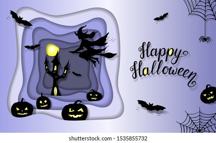 Banner with black silhouettes of bats, castle, spider, pumpkin and flying witch on light and dark blue background with lettering Happy Halloween; Hand drawn cute vector illustration in paper cut style