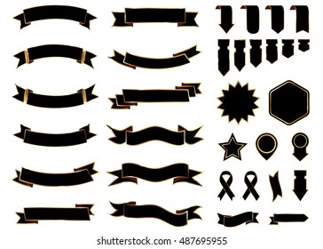 Banner black vector icon set on white background. Ribbon isolated shapes illustration of gift and accessory. Christmas sticker and decoration for app and web. Label, badge and borders collection.