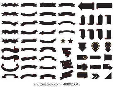 Banner black vector icon set on white background. Ribbon isolated shapes illustration of gift and accessory. Christmas sticker and decoration for app and web. Label, badge and borders collection.