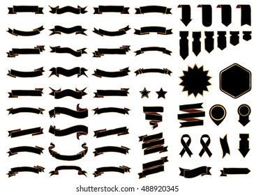 Banner black vector icon set on white background. Ribbon isolated shapes illustration of gift and accessory. Christmas sticker and decoration for app and web. Label, badge and borders collection.