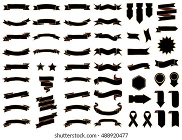 Banner black vector icon set on white background. Ribbon isolated shapes illustration of gift and accessory. Christmas sticker and decoration for app and web. Label, badge and borders collection.