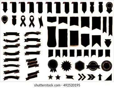 Banner black vector icon set on white background. Ribbon isolated shapes illustration of gift and accessory. Christmas sticker and decoration for app and web. Label, badge and borders collection.