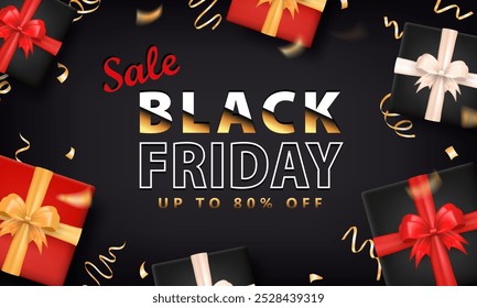 Anuncio con cajas de regalo 3D negras, blancas y rojas y confeti dorado (serpentinas de fiesta) con texto VENTA, Black Friday, Hasta 80% de descuento. Cartel de compras, tarjeta con paquetes de envoltura de regalo y cinta serpentina