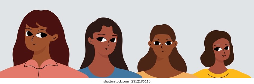 Banner with black women. Different girlish face. Woman's day concept. Flat vector cartoon design
