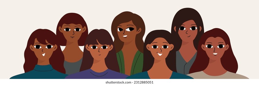 Banner with black women. Different girlish face. Woman's day concept. Flat vector cartoon design
