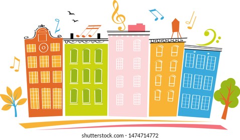 Banner For A Block Or Neighborhood Party With Multi Colored Houses, EPS 8 Vector Illustration	