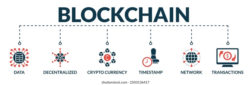 Banner of blockchain web vector illustration concept with icons of data, decentralized, crypto currency, timestamp, network, transactions
