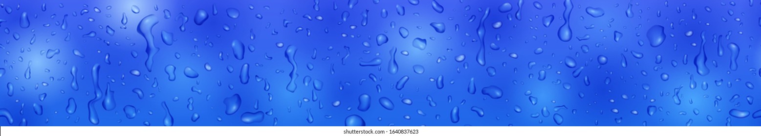 Banner in blue colors with drops and streaks of water, flowing down the surface. With seamless horizontal repetition