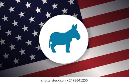 Banner with blue donkey silhouette, representing the Democratic Party, against backdrop of the American flag. This design emphasizes the party's role and influence in the U.S. political landscape