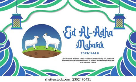 Banner blue and green abstract theme of Happy Eid al-Adha with animal illustration