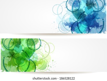 Banner with blue and green watercolor and modern circles elements