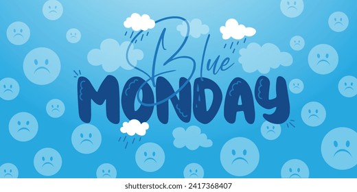 Banner für Blauen Montag mit Regenwolken und traurigen Emoticons