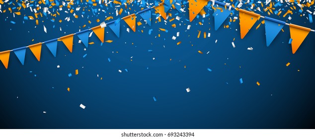 Banner with blue and orange flags and paper confetti. Vector illustration.
