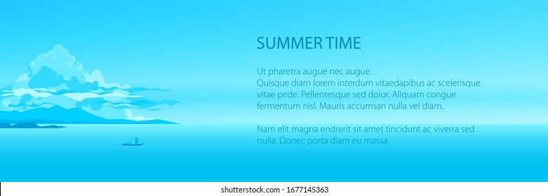 Banner of blue sea bay, sailboat with the boat in the gulf against the background of coast and mountains, travel and tourism concept, vector illustration