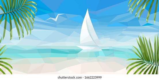banner of the blue sea with a white sailboat and palm branches
