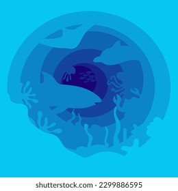 A banner of blue shades and layers in the theme of sea waves, fish and plants. The banner from dark to light blue color shows the depths of the sea with silhouettes of animals. Sea depth, paper effect
