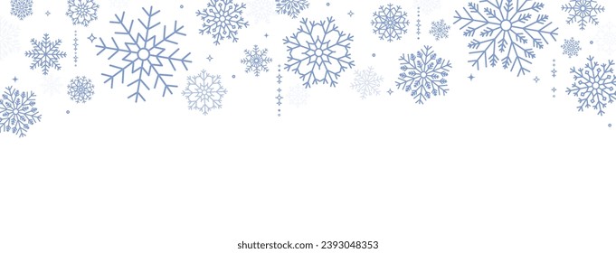 Banner with blue snowflakes. Christmas and New Year winter background with snow.