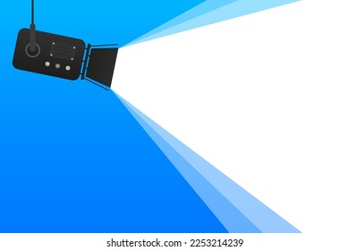 Banner blue spotlight background. Cinema background. Film festival template for banner, flyer, poster or tickets. Old movie projector with place for text. Cinema concept. Vector illustration