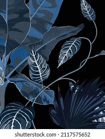 Banner with blue tropical leaves on black background. Exotic botanical design for cosmetics, spa, perfume, beauty salon, travel agency, florist shop. Best as packaging design.