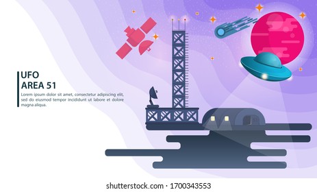 banner, blue UFO, flying saucer, on the background of a pink planet, hanging over the hangar, concept for web and mobile design sites, flat vector illustration